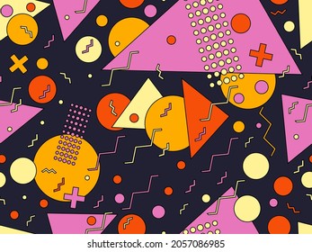 Geometrisches nahtloses Muster im 80er-Jahre-Stil. Geometrische Formen mit Strichen. Abstrakter bunter Hintergrund. Design für Broschüren, Banner und Werbematerialien. Vektorgrafik