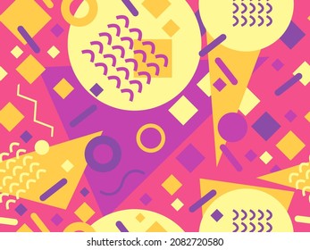 Geometric seamless pattern in 80s memphis style. Abstract geometric background design for brochures, banners and advertisements. 80s - 90s style wrapping paper pattern. Vector illustration