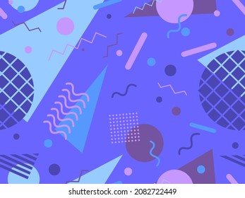 Geometric seamless pattern in 80s memphis style. Abstract geometric background design for brochures, banners and advertisements. 80s - 90s style wrapping paper pattern. Vector illustration