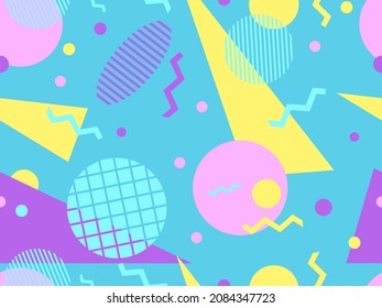 Patrón geométrico sin fisuras en el estilo memphis de los años 80. Resumen de diseño de fondo geométrico para folletos, banners y anuncios. Patrón de papel de envoltura de estilo de los años 80-90. Ilustración del vector