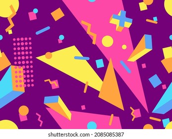 Geometric seamless pattern in 80s memphis style. Abstract geometric background design for brochures, banners and advertisements. 80s - 90s style wrapping paper pattern. Vector illustration