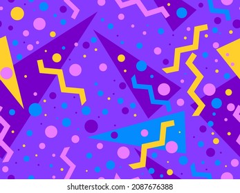 Geometric seamless pattern in 80s memphis style. Colorful background with geometric shapes. Design for promotional products, wrapping paper, brochures and printing. Vector illustration