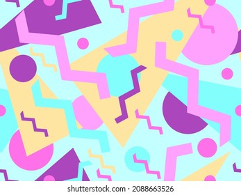 Geometric seamless pattern in 80s memphis style. Colorful background with geometric shapes. Design for promotional products, wrapping paper, brochures and printing. Vector illustration