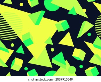 Patrón geométrico sin fisuras en el estilo memphis de los años 80. Fondo con formas geométricas verdes. Diseño para productos promocionales, papel de embalaje, folletos e impresión. Ilustración del vector
