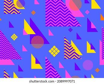 Geometrisches nahtloses Muster im 80er-Jahre-Stil. Farbiger Hintergrund mit geometrischen Formen. Design für Werbeprodukte, Verpackungspapier, Broschüren und Druck. Vektorgrafik