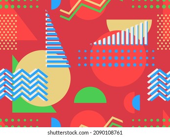 Patrón geométrico sin fisuras en el estilo memphis de los años 80. Fondo colorido con formas geométricas. Diseño para productos promocionales, papel de embalaje, folletos e impresión. Ilustración del vector