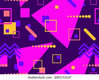 Geometric seamless pattern in 80s memphis style. Colorful background with geometric shapes. Design for promotional products, wrapping paper, brochures and printing. Vector illustration