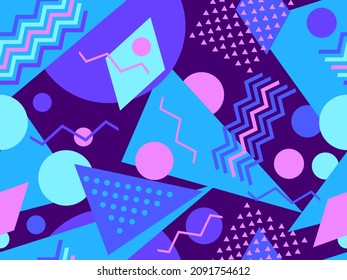 Geometric seamless pattern in 80s memphis style. Colorful background with geometric shapes. Design for promotional products, wrapping paper, brochures and printing. Vector illustration
