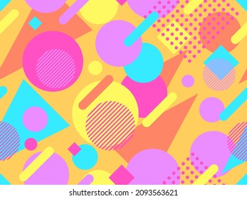 Geometric seamless pattern in 80s memphis style. Colorful background with geometric shapes. Design for promotional products, wrapping paper, brochures and printing. Vector illustration