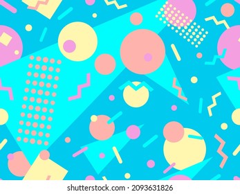 Geometric seamless pattern in 80s memphis style. Colorful background with geometric shapes. Design for promotional products, wrapping paper, brochures and printing. Vector illustration