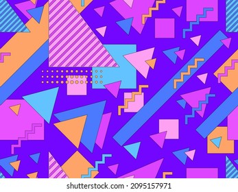 Geometric seamless pattern in 80s memphis style. Geometric shapes with black strokes. Design of promotional items, wrapping paper, brochures and printing. Vector illustration