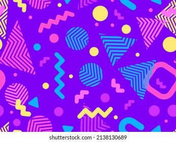Patrón geométrico sin fisuras en el estilo memphis de los años 80. Diseño de fondo colorido para imprimir pancartas, carteles, papel de envoltura y artículos promocionales. Ilustración del vector