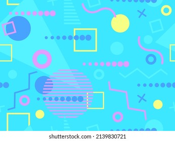 Patrón geométrico sin fisuras en el estilo memphis de los años 80. Diseño de fondo colorido para imprimir pancartas, carteles, papel de envoltura y artículos promocionales. Ilustración del vector
