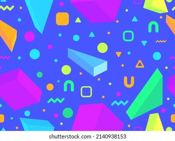Geometric seamless pattern in 80s memphis style. Isometric geometric 3D shapes. Trendy retro background for printing on paper, promotional materials and fabric. Vector illustration