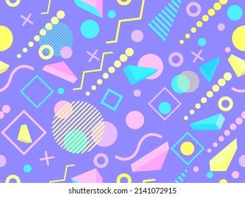 Geometric seamless pattern in 80s memphis style. Isometric geometric 3D shapes. Trendy retro background for printing on paper, promotional materials and fabric. Vector illustration