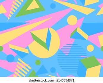 Geometric seamless pattern in 80s memphis style. Isometric geometric 3D shapes. Trendy retro background for printing on paper, promotional materials and fabric. Vector illustration