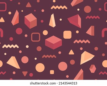 Geometric seamless pattern in 80s memphis style. Isometric geometric 3D shapes. Trendy retro background for printing on paper, promotional materials and fabric. Vector illustration