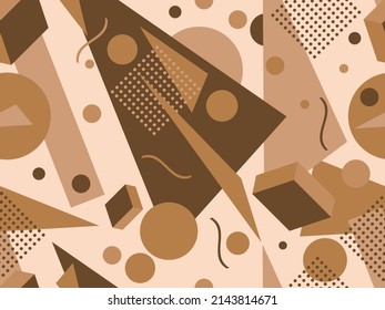 Geometric seamless pattern in 80s memphis style. Isometric geometric 3D shapes. Trendy retro background for printing on paper, promotional materials and fabric. Vector illustration