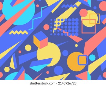 Patrón geométrico sin fisuras en el estilo memphis de los años 80. Formas 3D geométricas isométricas. Fondo retro de moda para imprimir en papel, materiales promocionales y tela. Ilustración del vector