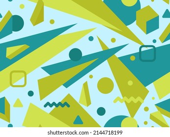Geometric seamless pattern in 80s memphis style. Isometric geometric 3D shapes. Trendy retro background for printing on paper, promotional materials and fabric. Vector illustration