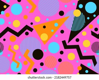 Geometric seamless pattern in 80s memphis style. Colorful background with geometric shapes. Design for promotional products, wrapping paper, brochures and printing. Vector illustration