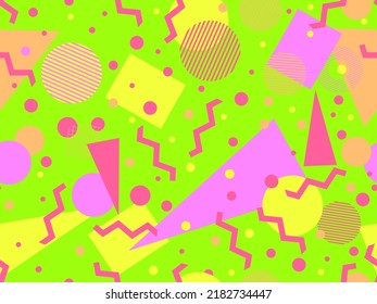 Patrón geométrico sin fisuras en el estilo memphis de los años 80. Fondo colorido con formas geométricas. Diseño para productos promocionales, papel de embalaje, folletos e impresión. Ilustración del vector