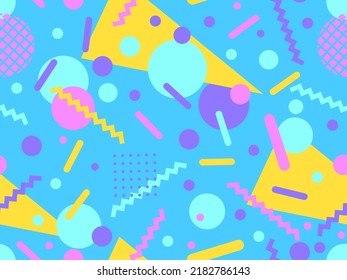 Patrón geométrico sin fisuras en el estilo memphis de los años 80. Fondo colorido con formas geométricas. Diseño para productos promocionales, papel de embalaje, folletos e impresión. Ilustración del vector