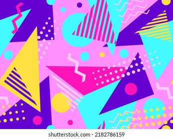 Geometric seamless pattern in 80s memphis style. Colorful background with geometric shapes. Design for promotional products, wrapping paper, brochures and printing. Vector illustration