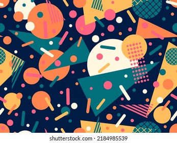 Geometric seamless pattern in 80s memphis style. Colorful background with geometric shapes. Design for promotional products, wrapping paper, brochures and printing. Vector illustration