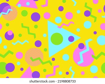 Patrón geométrico sin fisuras en el estilo memphis de los años 80. Formas geométricas coloridas sobre fondo amarillo. Diseño para productos promocionales, papel de embalaje, folletos e impresión. Ilustración del vector