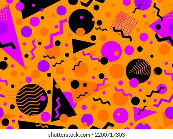 Patrón geométrico sin fisuras en el estilo memphis de los años 80. Colores de Halloween, naranja y negro. Diseño para productos promocionales, papel de embalaje, folletos e impresión. Ilustración del vector