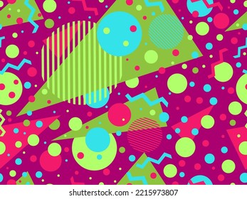 Geometric seamless pattern in 80s memphis style. Colorful multicolored abstract geometric pattern. Design of promotional products, wrapping paper and printing. Vector illustration