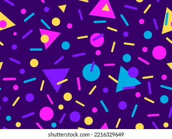 Geometric seamless pattern in 80s memphis style. Colorful multicolored abstract geometric pattern. Design of promotional products, wrapping paper and printing. Vector illustration