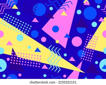 Geometrisches nahtloses Muster im 80er-Jahre-Stil. Farbiger Hintergrund mit geometrischen Formen. Design für Werbeprodukte, Verpackungspapier, Broschüren und Druck. Vektorgrafik