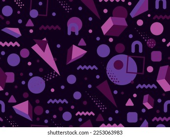 Geometric seamless pattern in 80s memphis style with 3D shapes. Three-dimensional triangles. Design of promotional products, wrapping paper and printing. Vector illustration