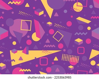 Geometric seamless pattern in 80s memphis style with 3D shapes. Three-dimensional triangles. Design of promotional products, wrapping paper and printing. Vector illustration