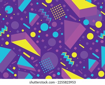 Geometric seamless pattern in 80s memphis style with 3D shapes. Three-dimensional triangles. Design of promotional products, wrapping paper and printing. Vector illustration