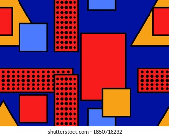 Patrón geométrico sin fisuras en el estilo de los años 80. Diseño de forma geométrica Bauhaus. Antecedentes con triángulos, círculos y cuadrados para folletos, pancartas y papel de envoltura. Ilustración del vector