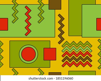 Geometric seamless pattern in 80s style. Bauhaus geometric shape design. Background with triangles, circles and squares for brochures, banners and wrapping paper. Vector illustration
