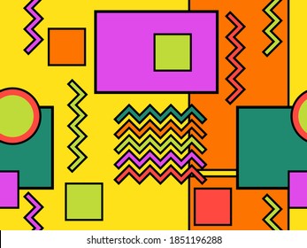 Geometrisches nahtloses Muster im Stil der 80er. Geometrisches Bauhaus-Design. Hintergrund mit Dreiecken, Kreise und Quadraten für Broschüren, Banner und Verpackungspapier. Vektorgrafik