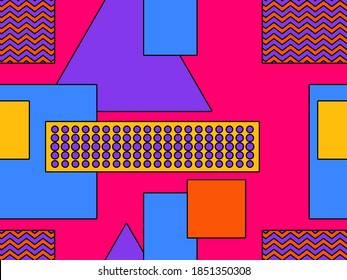 Patrón geométrico sin fisuras en el estilo de los años 80. Diseño de forma geométrica Bauhaus. Antecedentes con triángulos, círculos y cuadrados para folletos, pancartas y papel de envoltura. Ilustración del vector