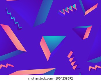 Geometric seamless pattern in 80s style with memphis elements. Gradient shape. Synthwave retro background for printing on paper, advertising materials and fabric. Vector illustration