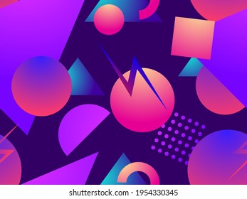 Geometric seamless pattern in 80s style with memphis elements. Gradient shape. Synthwave retro background for printing on paper, advertising materials and fabric. Vector illustration