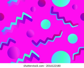 Geometric seamless pattern in 80s style with memphis elements. Colorful gradient. Synthwave and Retrowave style background for printing on paper, promotional materials and fabrics. Vector illustration