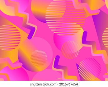 Geometric seamless pattern in 80s style with memphis elements. Colorful gradient. Synthwave and Retrowave style background for printing on paper, promotional materials and fabrics. Vector illustration