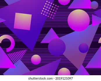 Geometric seamless pattern in 80s style with memphis shapes. Colorful gradient. Synthwave and retrowave style. Design for advertising brochures, banner and print. Vector illustration