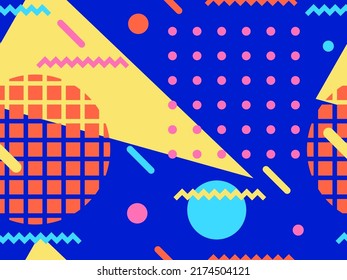 Geometric seamless pattern in 80s style. Background with colorful geometric shapes in memphis style. Design of promotional products, wrapping paper and printing. Vector illustration