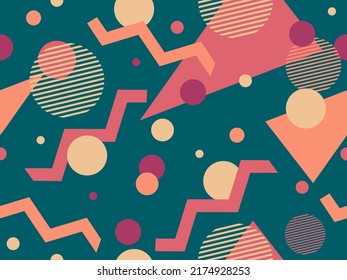 Patrón geométrico sin fisuras en el estilo de los años 80. Fondo con formas geométricas coloridas al estilo memphis. Diseño de productos promocionales, papel envolvente e impresión. Ilustración del vector