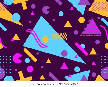 Patrón geométrico sin fisuras en el estilo de los años 80. Fondo con formas geométricas coloridas al estilo memphis. Diseño de productos promocionales, papel envolvente e impresión. Ilustración del vector