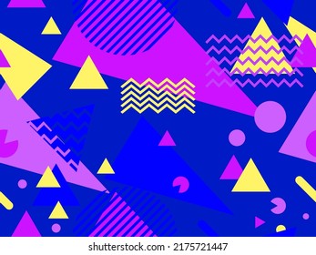 Geometric seamless pattern in 80s style. Background with colorful geometric shapes in memphis style. Design of promotional products, wrapping paper and printing. Vector illustration